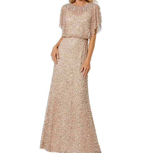 NWT Mac Duggal 14523 Beaded Champagne Mesh Gown With Shawl Pearl Detail Size 8 - Picture 1 of 13